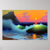 Poster Vagues océaniques dramatiques et coucher de soleil (Devant)
