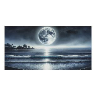Poster Vagues océaniques éclairées par la lune et ciel no