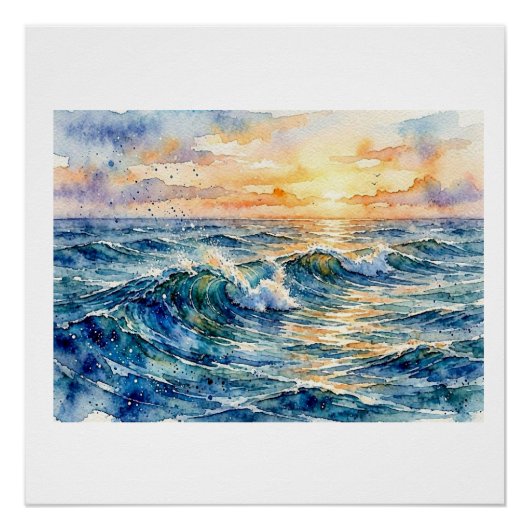 Poster Vagues océaniques ensoleillées, (Devant)