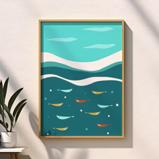 Poster Vagues océaniques rétro été Moderne du milieu du X