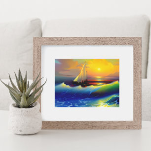 Poster Vagues océaniques, voilier et reflet de coucher de