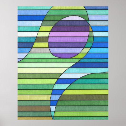 Poster Vagues vertes Abstraites rayées et cercle pourpre (Devant)