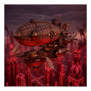 Poster Vaisseau aérien Steampunk volant au-dessus de la v