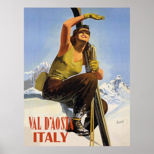 Poster Val d'Aoste, Italie. Femme de ski. Vacances hivern (Devant)
