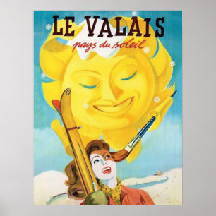 Poster Valais, Femme avec ski sous soleil