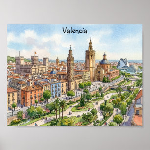 Poster Valence Espagne Vue de la ville à l'aquarelle Voya