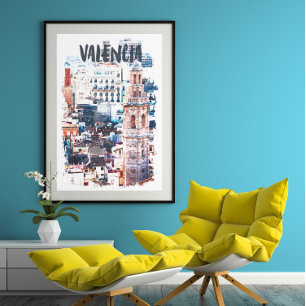 Poster Valencia Espagne Architecture Aquarelle Ville
