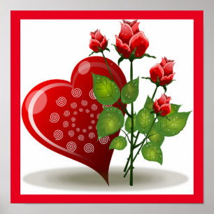 POSTER VALENTINE COEUR ROUGE ET ROSES ROUGES