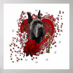 Poster Valentines - clé à mon coeur - great dane - gris