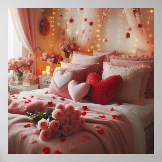 Poster Valentine's Day Bedroom Decorated With Hearts on a (Devant)