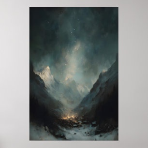 Poster Vallée alpine lunatique, art de paysage hivernal g