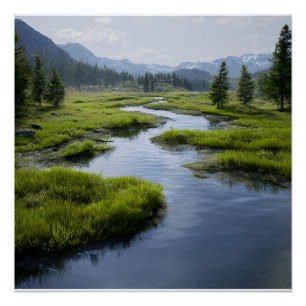 Poster Vallée alpine Ruisseau Prairies vertes Pics enneig