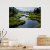 Poster Vallée alpine Ruisseau Prairies vertes Pics enneig (Cuisine)