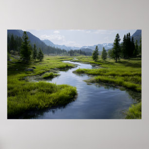 Poster Vallée alpine Ruisseau Prairies vertes Pics enneig
