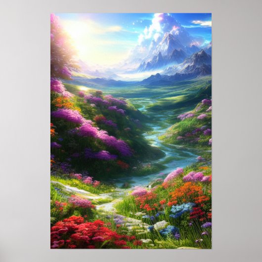 Poster Vallée aux fleurs colorées avec ruisseau Lazy (Devant)