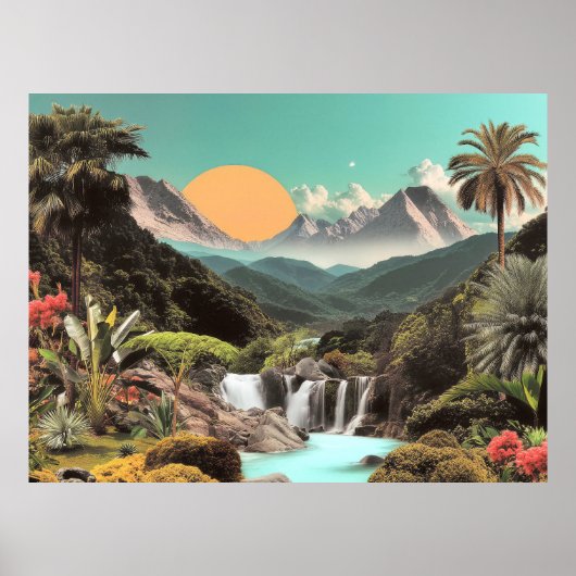 Poster Vallée Tropicale Surréelle Avec Cascades (Devant)