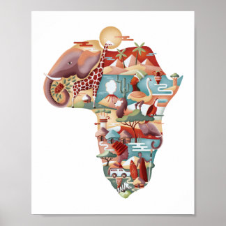 Poster van Afrikaanse kaart van wilde dieren en cu