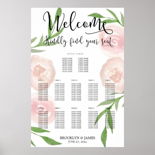 Poster van de roze Floral Wedding Seating Chart 24 (Voorkant)