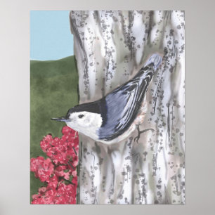 Poster van de witte nuthatch en de roze bloemen