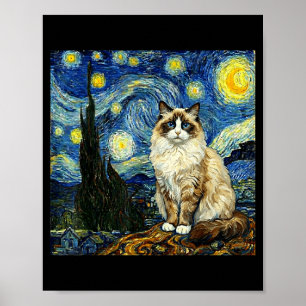 Poster Van Gogh Art Nuit Étoilée - Drôle Ragdoll Chat Art