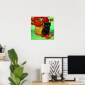 Poster Van Gogh Black Kitten Fleurs rouges (Bureau à domicile)