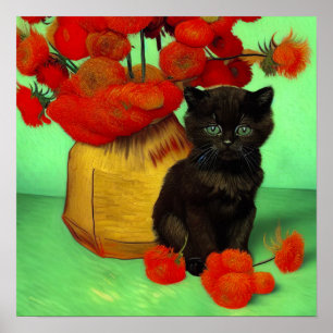 Poster Van Gogh Black Kitten Fleurs rouges