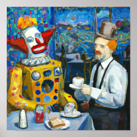 Poster Van Gogh boit du café avec un robot clown (Devant)
