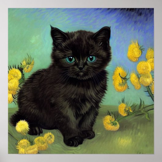 Poster Van Gogh Chat noir Fleurs jaunes (Devant)