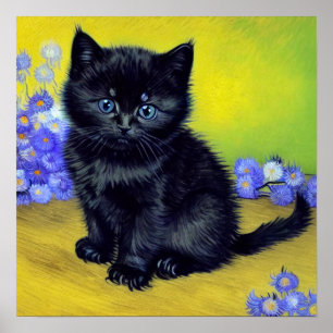 Poster Van Gogh Chat noir Fleurs violettes