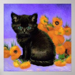 Poster Van Gogh Kitten noir avec des tournesols
