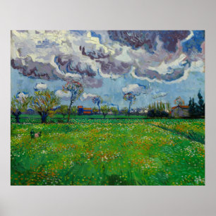 Poster Van Gogh Meadow avec des fleurs sous un ciel orage
