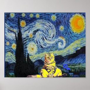Poster Van Gogh - Starry Night, Cat Art Parody,  