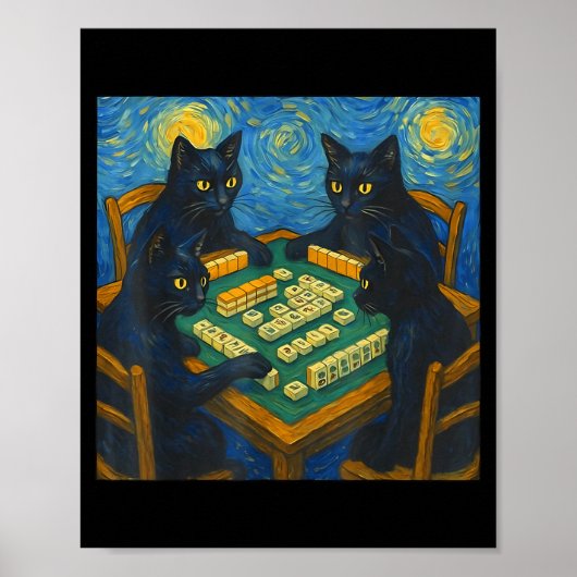 Poster Van gogh starry night cat playing mahjong chinese (Devant)