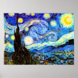 Poster Van Gogh Starry Night Fine Art<br><div class="desc">Starry Night,  the most famous painting of Dutch Post-Impressionist master Vincent van Gogh. A lone cypress tree,  a sleeping village,  and a sky that whirls with stars. 

  Post-Impressionism fine art painting.</div>