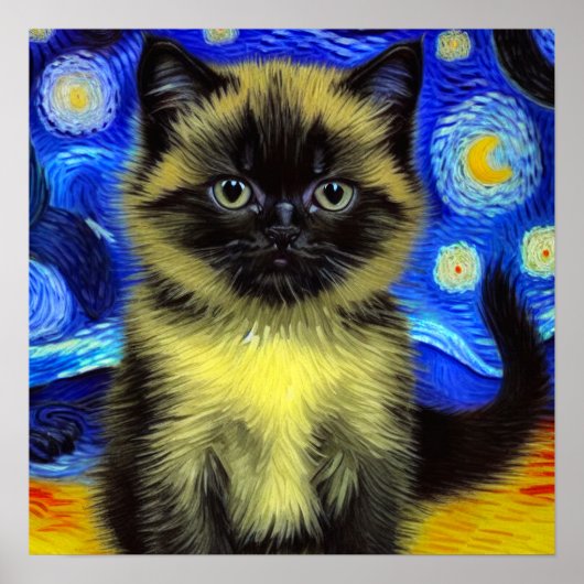 Poster Van Gogh Starry Nuit Siamese Cat (Devant)