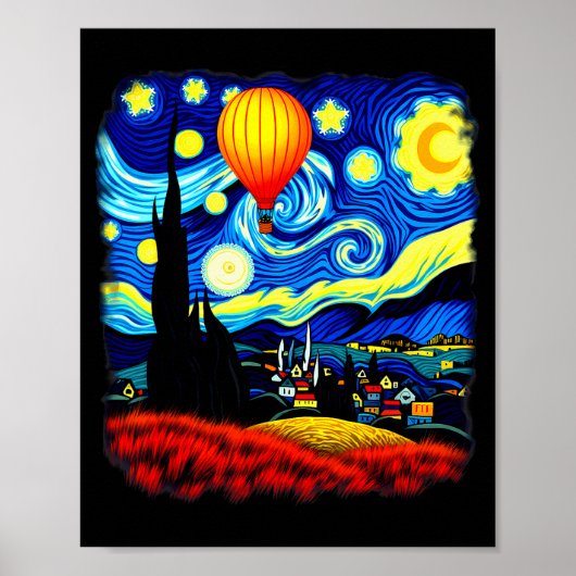 Poster Van Gogh Style Hot Air Balloon Starry Night (Devant)
