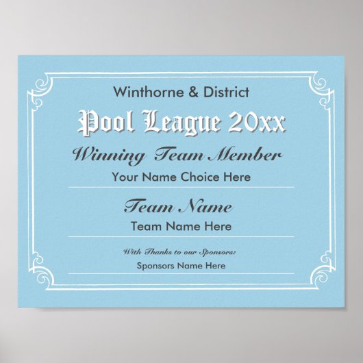 Poster van het competitiecertificaat voor pool (Voorkant)