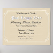 Poster van het competitiecertificaat voor pool (Voorkant)