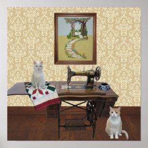 Poster van naaigarens met Antiek naaimachine