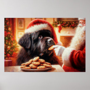 Poster van Newf die een koekje krijgt van de Kerst
