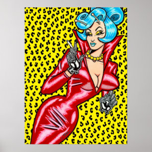 Poster Vana DeVinyl™/Robe vinyle rouge/ Léopard jaune