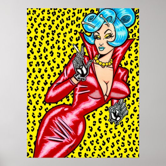Poster Vana DeVinyl™/Robe vinyle rouge/ Léopard jaune (Devant)