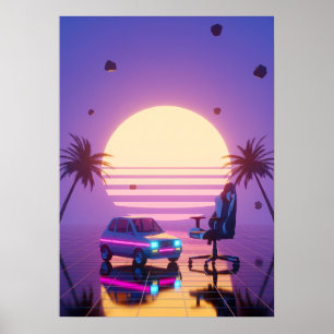 Poster Vaporwave Rétro Voiture et Fauteuil de Gaming