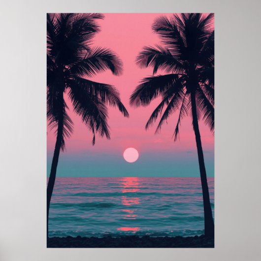 Poster Vaporwave Sunset Palm Trees – Aesthetic Beach Wall (Devant)