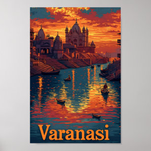 Poster Varanasi Inde Art Vintage Illustration de voyage