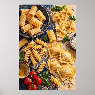 Poster Variété de pâtes italiennes avec du basilic frais