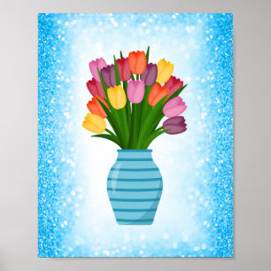 Poster Vase à fleurs bleues avec tulipes colorées avec bo