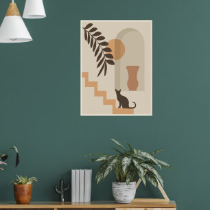Poster Vase Chat Feuille d'escalier, Art Géométrique Abst