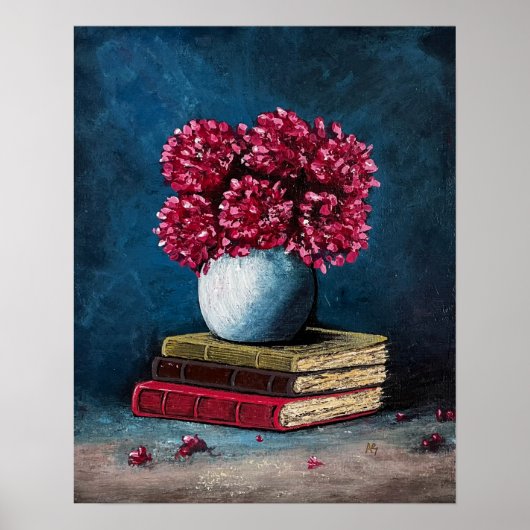 Poster Vase de fleurs Bleu rose Livres Lecture Vie morte (Devant)