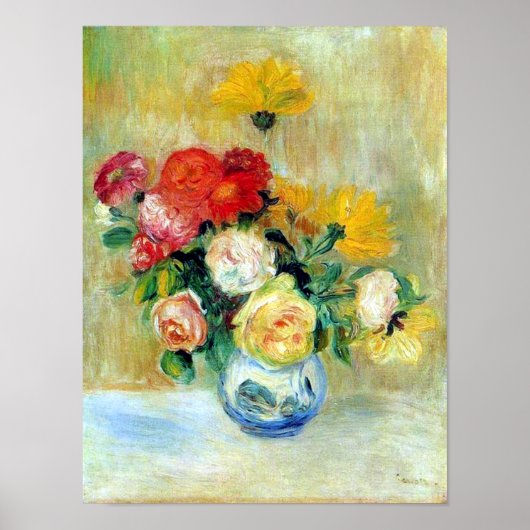 Poster Vase de Rose et Dahlias par Renoir Imprimer (Devant)